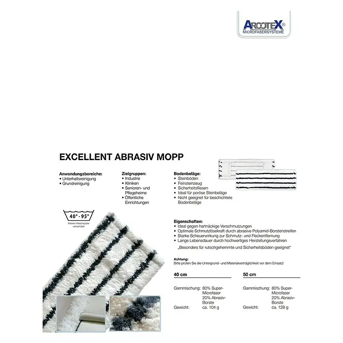 Mikrofasermopp Profi - Breite: 40 cm, 80 % Supermikrofaser, 20 % Abrasivborste - Abbildung eines EXCELLENT ABRASIV MOPP, einem weißen Mopp mit blauen Streifen, ideal für die Reinigung.