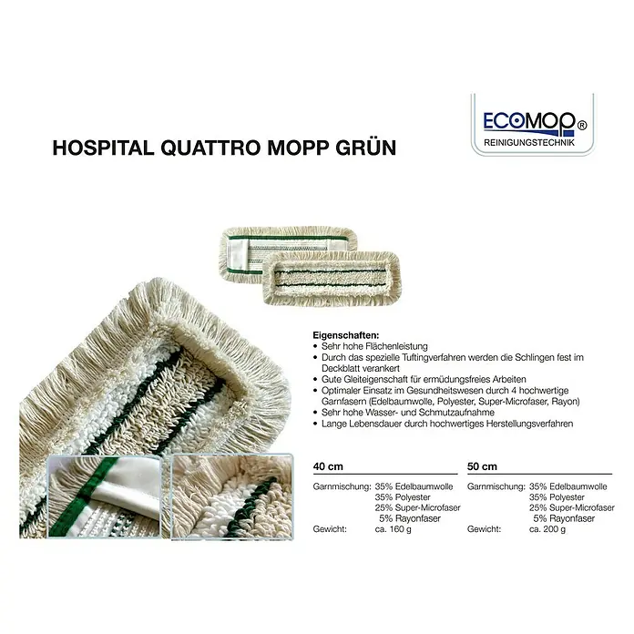 Profimopp - Breite: 40 cm - Hospital Quattro Mopp Grün: Der Mopp ist ideal für die Reinigung von Krankenhäusern und anderen medizinischen Einrichtungen.