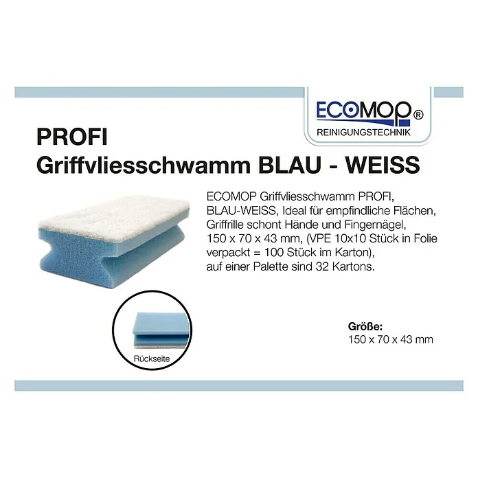 Reinigungsschwamm - 10 Stk., Blau - Der Ecomop Profi Griffvliesschwamm BLAU-WEISS ist ein Reinigungsschwamm mit Griffmulden für einfache Nutzung.