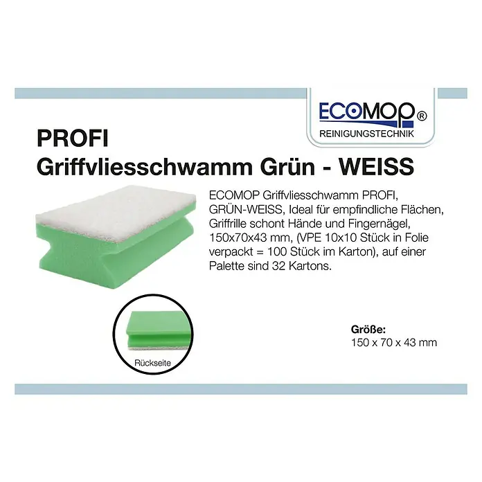 Reinigungsschwamm - 10 Stk., Grün - Abbildung eines Ecomop Grifftuchschwamms Grün-Weiss, ideal für empfindliche Oberflächen.