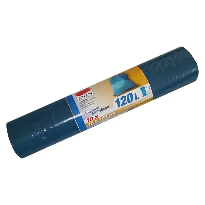 Quickpack Müllbeutel mit Zugband - Fassungsvermögen: 120 l, 10 Stk., Blau - Eine Rolle Quickpack 120L Zugband Müllsäcke, 10 Stück, 70 x 100 cm, ideal für Haushalt und Gewerbe. Reißfest und zuverlässig.
