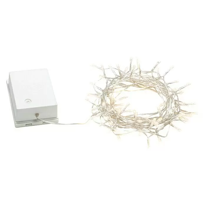 Konstsmide LED-Lichterkette - Außen, Lichtfarbe: Warmweiß, Anzahl Leuchtmittel: 80 Stk., Batteriebetrieben, Weiß - Warmweiße LED-Lichterkette mit weißer Batteribox, aufgerollt.