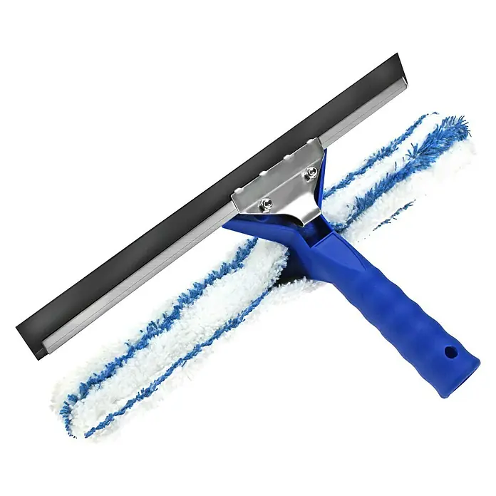 Kombi-Wischer - 35 cm, Mikrofaser - Das Bild zeigt einen Fensterwischer mit einem blauen Griff und einem Mikrofaserbezug, der für eine effektive Reinigung von Glasoberflächen sorgt.