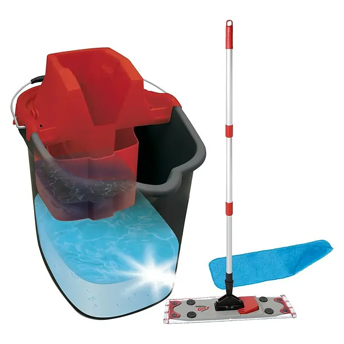 Sprintus Bodenwisch-Set Click N Press + Staubmop - 12 l, 5 -tlg., Materialzusammensetzung Bezug: 80 % Mikrofaser, 20 % weiche Abrasivborsten - Das Wischmop-Set enthält einen Eimer mit Auswringer, einen Mopp mit Stiel und ein zusätzliches Mikrofaser-Reinigungspad.