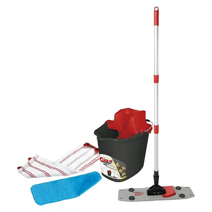Sprintus Bodenwisch-Set Click N Press + Staubmop - 12 l, 5 -tlg., Materialzusammensetzung Bezug: 80 % Mikrofaser, 20 % weiche Abrasivborsten - Abbildung eines Click Press Wischmop-Sets, bestehend aus Eimer, Mopp und zwei austauschbaren Wischbezügen, perfekt für die Bodenreinigung.