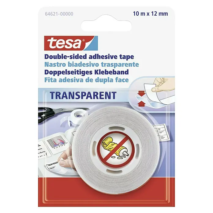 Tesa Doppelseitiges Klebeband - Transparent, L x B: 10 m x 12 mm - Tesa doppelseitiges Klebeband, transparent, 10 m x 12 mm. Ideal zum Befestigen von Papier, Fotos und leichten Gegenständen im Haushalt.