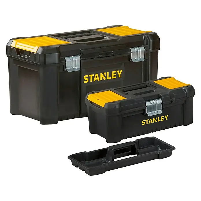 Stanley Juego de cajas de herramientas STST1-75772 - 2 pzs., No incluye herramientas - Un juego de cajas de herramientas Stanley negras con detalles amarillos, que consta de una caja grande y una más pequeña, además de una bandeja para herramientas.