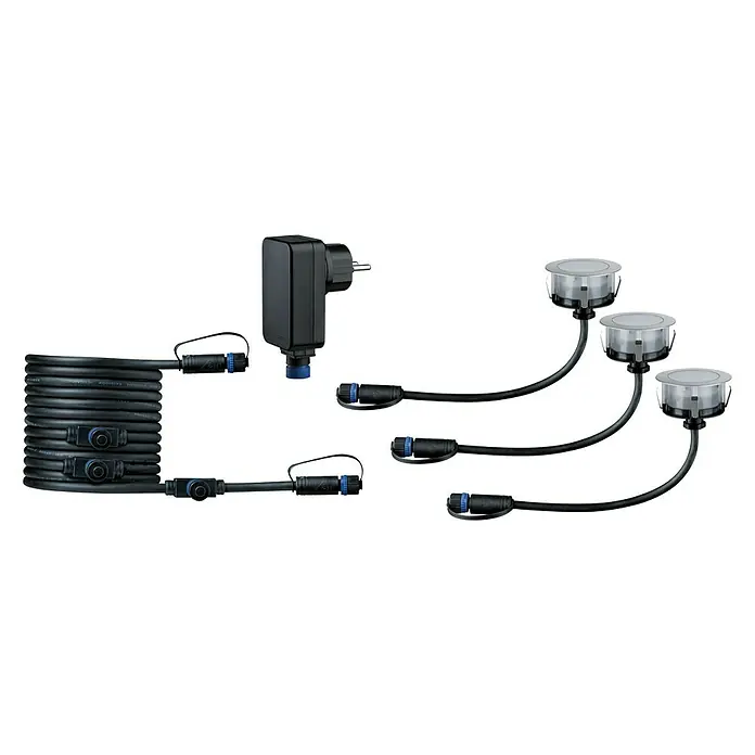 Paulmann Plug & Shine Bodeneinbauleuchten-Basis-Set LED-Bodeneinbauleuchte Floor Eco - 7 x 3 cm, Warmweiß, Silber - Ein komplettes Set von Bodeneinbaustrahlern mit Kabeln und Steckverbindern, bereit für die Installation im Außenbereich.