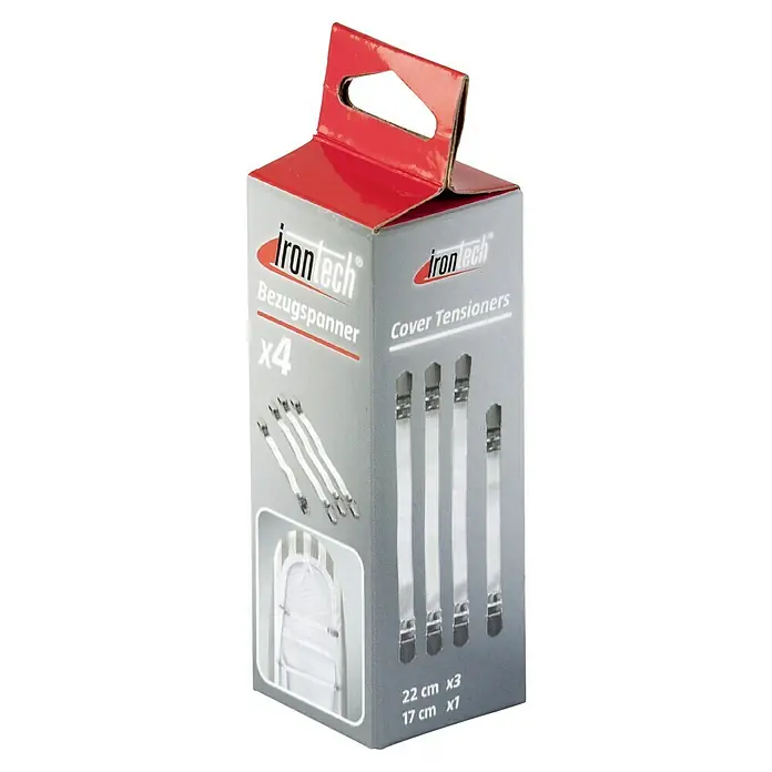 Bügelbrett-Bezugspanner - 4 -tlg. - Eine Packung Irontech "Bezugspanner x4", die dazu dient, Bezüge festzuziehen und zu sichern, in der Größe 22cm x3 und 17cm x1.