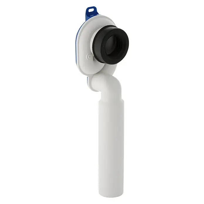 Geberit Urinal-Absaugsiphon Jetex 152951111 - Abgang: Senkrecht - Detailaufnahme eines weißen Siphonrohrs mit schwarzer Gummidichtung, das an einem blauen und weißen Gehäuse befestigt ist.