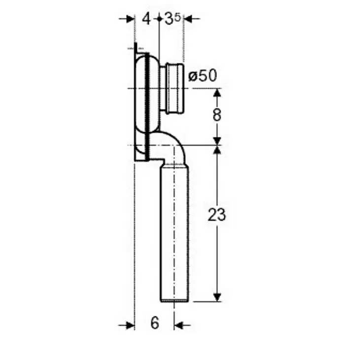 Geberit Urinal-Absaugsiphon Jetex 152951111 - Abgang: Senkrecht - Produktskizze eines Eckventils mit Maßen: Durchmesser 50 mm, Tiefe 4 mm + 35 mm, Höhe 8 mm + 23 mm, Breite 6 mm.