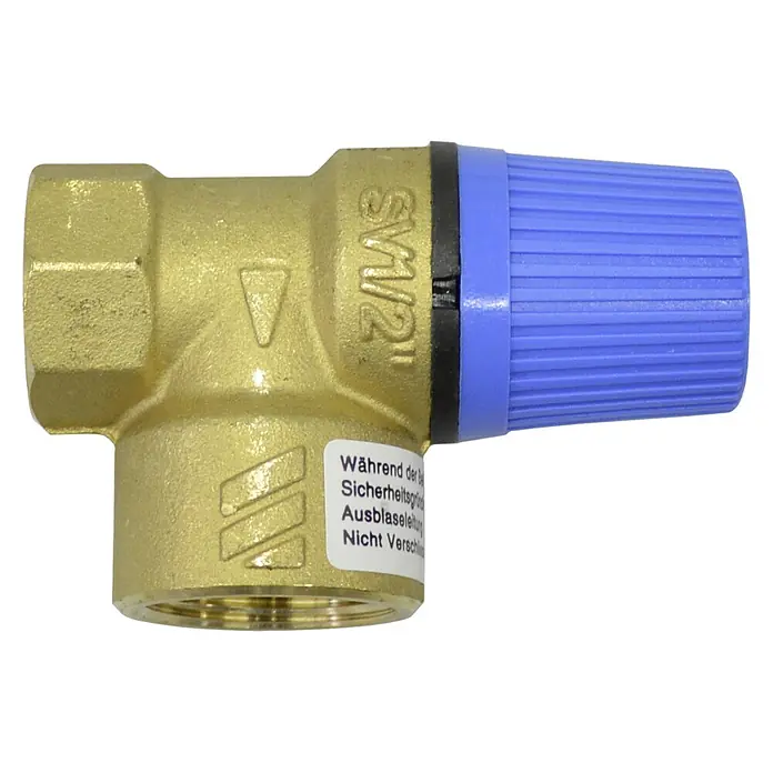Sicherheitsventil Saco - ½″ x ¾″, Betriebsdruck: 6 bar - Nahaufnahme eines Sicherheitsventils aus Messing mit blauem Einstellknopf und Beschriftungen.