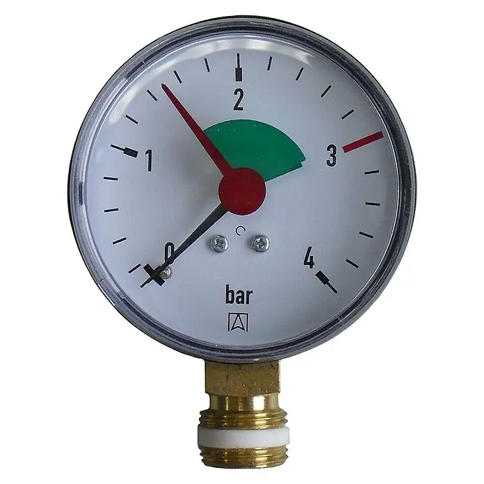 Heizungsmanometer - Anschlüsse: Unten, ⅜″, Betriebsdruck: 0 bar - 4 bar - Manometer mit Messbereich von 0 bis 4 bar, Anzeige bei ca. 1,5 bar. Geeignet für verschiedene Anwendungen im Sanitär- und Heizungsbereich.
