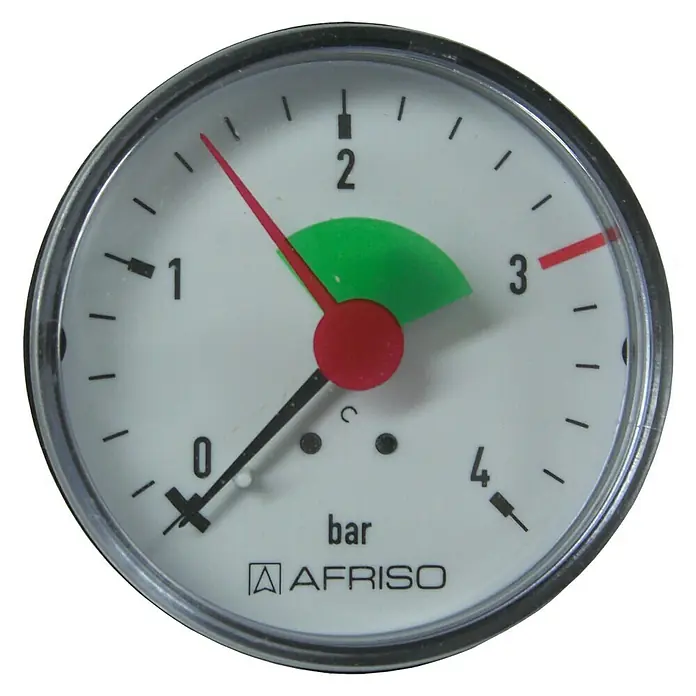 Heizungsmanometer - Anschlüsse: Hinten, ⅜″, Betriebsdruck: 0 bar - 4 bar - Nahaufnahme eines AFRISO-Barometers mit einer roten Nadel zwischen 2 und 3, die den Druck anzeigt.