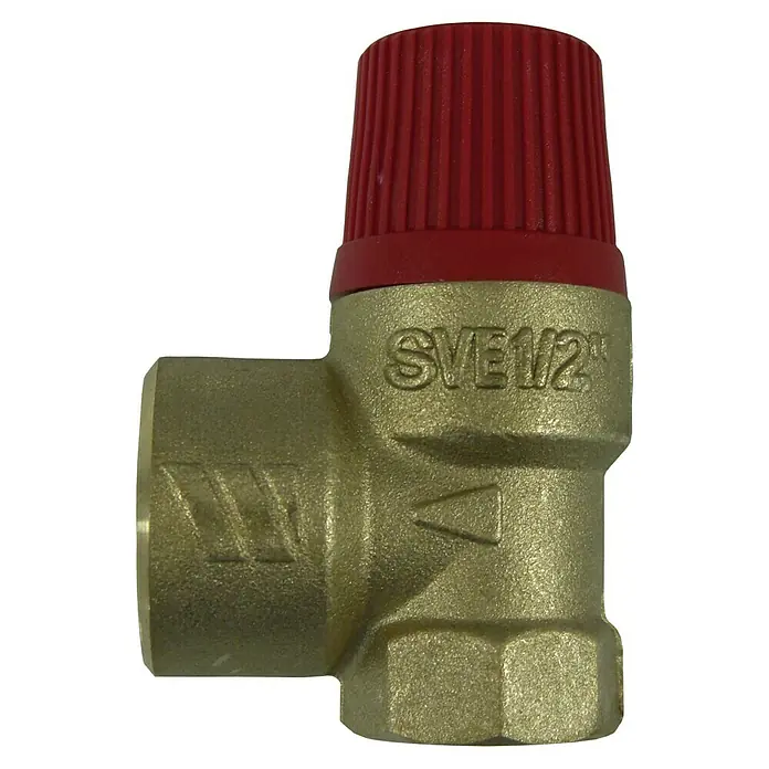 Sicherheitsventil Saco - ½″ x ¾″, Betriebsdruck: 2,5 bar - Nahaufnahme eines SVE 1/2" Sicherheitsventils mit roter Kappe, gefertigt aus Messing und geeignet für verschiedene Sanitäranwendungen.