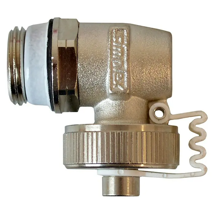 Entleerungsstopfen Saco - ½″, Geeignet für: Heizkörper - Detailaufnahme eines SIMPLEX Eckventils mit Thermostatanschluss, ideal für Heizkörperinstallationen und präzise Temperaturregelung.