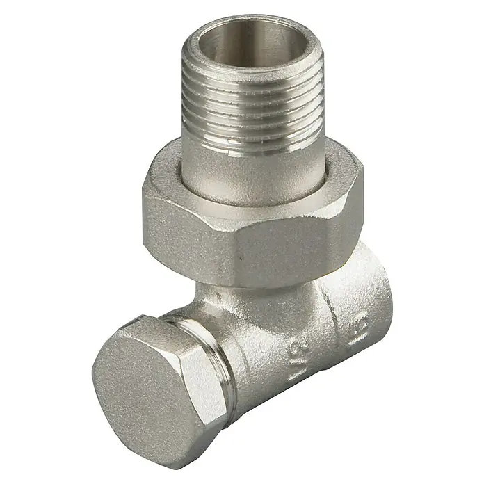 Heizkörperverschraubung - ½″, Eck, Durchmesser: 15 mm - Detailaufnahme eines Winkelventils aus Metall mit Gewindeanschluss und Sechskantmutter. Ideal für Sanitär- und Heizungsinstallationen.