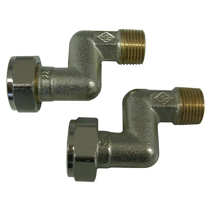 Heimeier S-Anschluss - 2 Stk., ½″ - Zwei vernickelte Winkelverschraubungen mit einem Außengewinde aus Messing für den Einsatz in Sanitärinstallationen.