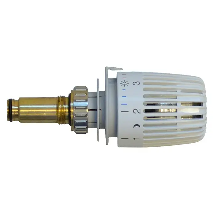 Heimeier Thermostatventil-Set K Saco - 2 -tlg. - Nahaufnahme eines Heizkörperthermostats mit goldenen und weißen Elementen, das für die Temperaturregelung verwendet wird.