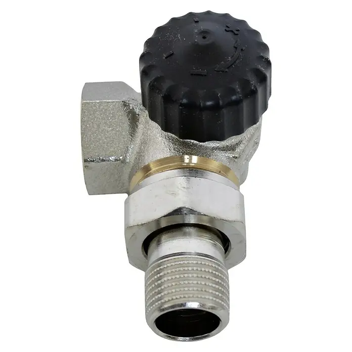 Thermostatventil - ½″, Eckventil, Winkeleck Links - Nahaufnahme eines Ventils mit schwarzem Drehknopf und Gewindeanschluss, ideal für Sanitär- oder Heizungsanwendungen.