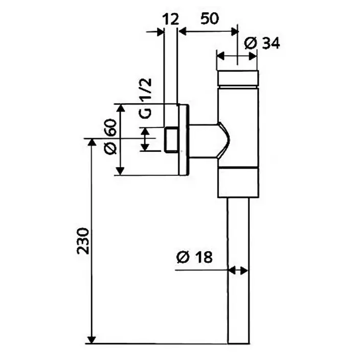 Schell Urinal-Druckspüler Basic - ½″, Spülmenge: 1 l - 6 l - Technische Zeichnung eines Eckventils mit Maßangaben. Das Ventil hat einen Durchmesser von 18 mm und eine Höhe von 230 mm.