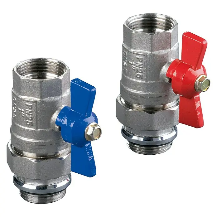 Verteileranschluss-Set - 2 Stk., Geeignet für: Fußbodenheizungen - Zwei Kugelventile mit rotem bzw. blauem Griff. Die Ventile sind aus Metall und haben ein Gewinde zum Anschließen an Rohre.