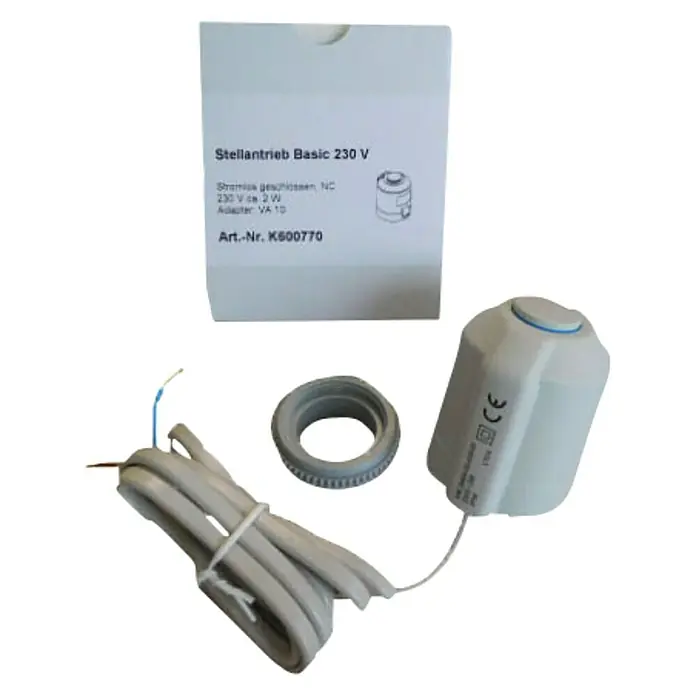 Stellantrieb - M30 x 1,5 mm, Geeignet für: Fußbodenheizungen - Produktfoto eines Stellantrieb Basic 230 V mit Zubehör und Verpackung, das für Heizungs- und Klimatisierungsanwendungen geeignet ist.