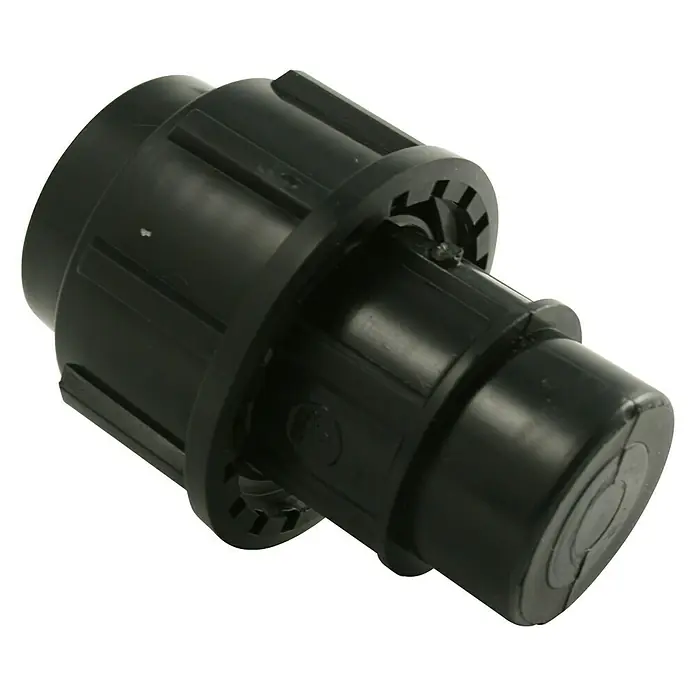 Endkappe HDPE - Durchmesser: 20 mm, Polypropylen - Schwarze Kunststoff-Rohrverbindung mit gerändelten und glatten Abschnitten, ideal für verschiedene Sanitäranwendungen.