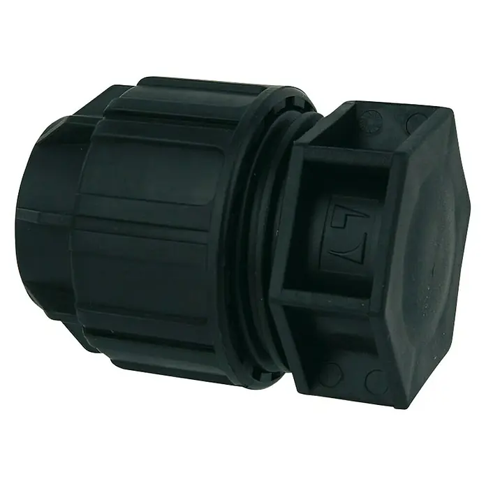 Endkappe HDPE - Durchmesser: 20 mm, Polypropylen - Nahaufnahme eines schwarzen Schlauchverbinders, der für Bewässerungszwecke geeignet ist und eine sichere Verbindung gewährleistet.