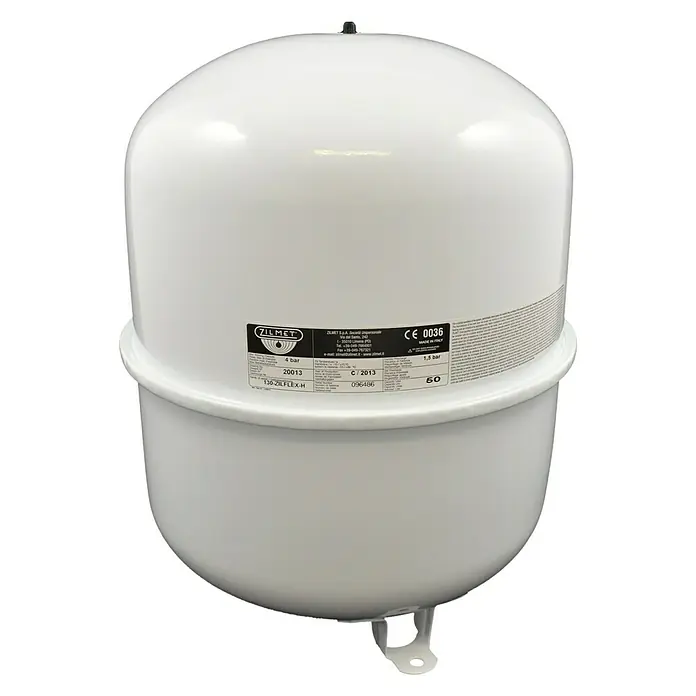 Membran-Ausdehnungsgefäß Zilflex H - 50 l, Betriebsdruck: 1,5 bar - 4 bar - Nahaufnahme eines weißen ZILMET-Druckausdehnungsgefäßes, ideal für Heizungs- und Sanitärsysteme, mit technischen Daten auf dem Etikett.