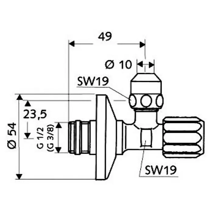 Schell Eckventil - ½″, Durchmesser: 10 mm, Verchromt - Technische Zeichnung einer Eckventil-Armatur mit Maßangaben. Die Armatur ist mit Gewindegrößen und Schlüsselweiten versehen.