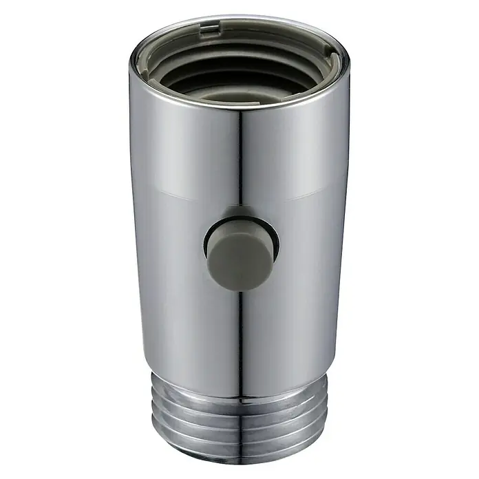 Neoperl Ecobooster Wassersparverschraubung - ½″, Umschaltknopf, Durchflussmenge: 11 l/min - Nahaufnahme eines glänzenden, silberfarbenen Wasserhahns mit einem grauen Knopf und Gewinde am unteren Ende.