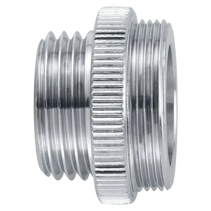 Reduzierstück - M24 x 1 ½″, Verchromt - Nahaufnahme eines verchromten Reduzierstücks mit Gewinde, das in Sanitärinstallationen zum Verbinden verschiedener Rohrdurchmesser verwendet wird.