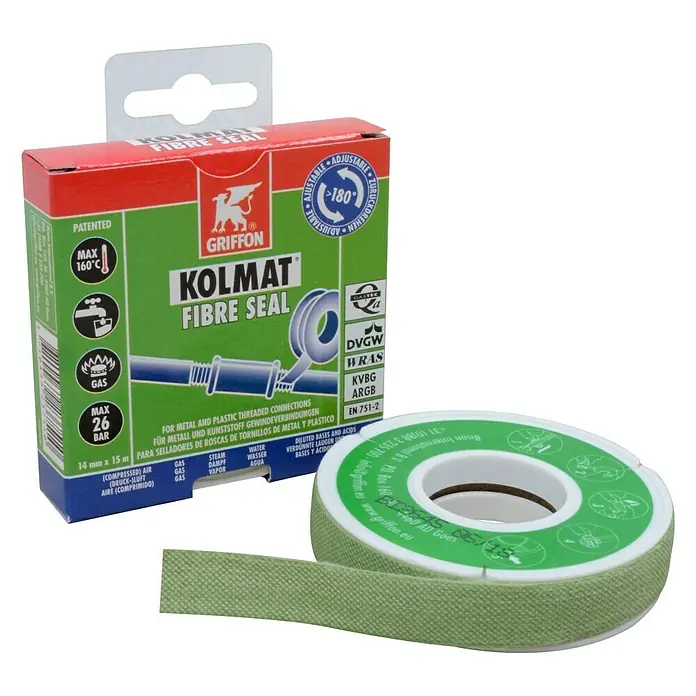 Sanitärdichtband Kolmat - Geeignet für: Rohrleitungen, L x B: 15 m x 14 mm - Produktfoto von Griffon Kolmat Faserdichtband für Metall- und Kunststoffgewindeverbindungen, ideal zum Abdichten.