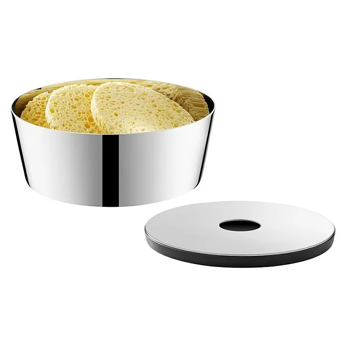 Zack Lyos Kosmetikdose - Durchmesser: 12 cm, Edelstahl, Glänzend - Abgebildet ist eine glänzende, silberne Servierdose mit gelbem Inhalt und einem Deckel daneben.