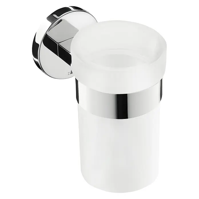 Zack Zahnputzglas SCALA - Durchmesser: 7 cm, Edelstahl - Moderner Zahnputzbecherhalter mit Chrom- und Glasakzenten für Badezimmer. Stilvolles Design für die Wandmontage.