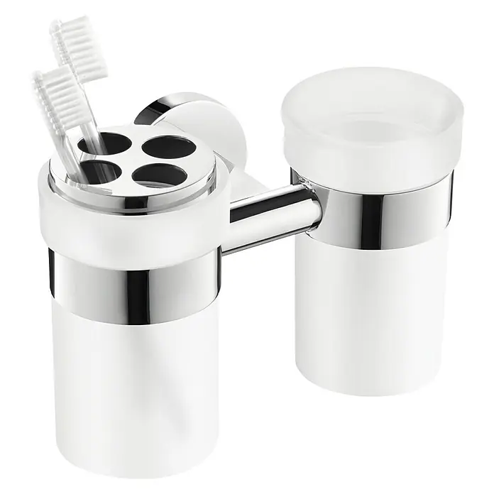 Zack Zahnputzglas SCALA - 2 Gläser, Durchmesser: 7 cm, Edelstahl - Ein glänzender, verchromter Zahnputzbecher mit Halterung und zwei Zahnbürsten. Ideal für jedes moderne Badezimmer.