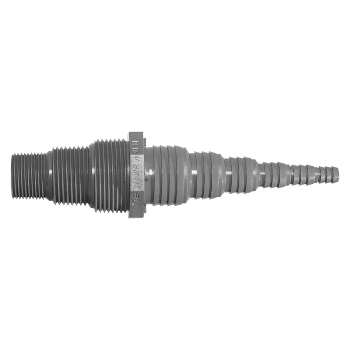 Pumpennippel Airfit - Durchmesser: 32 mm, ¾″ - Ein grauer Schlauchverbinder mit Gewinde und geriffelten Enden für eine sichere Verbindung. Ideal für verschiedene Schlauchgrößen.