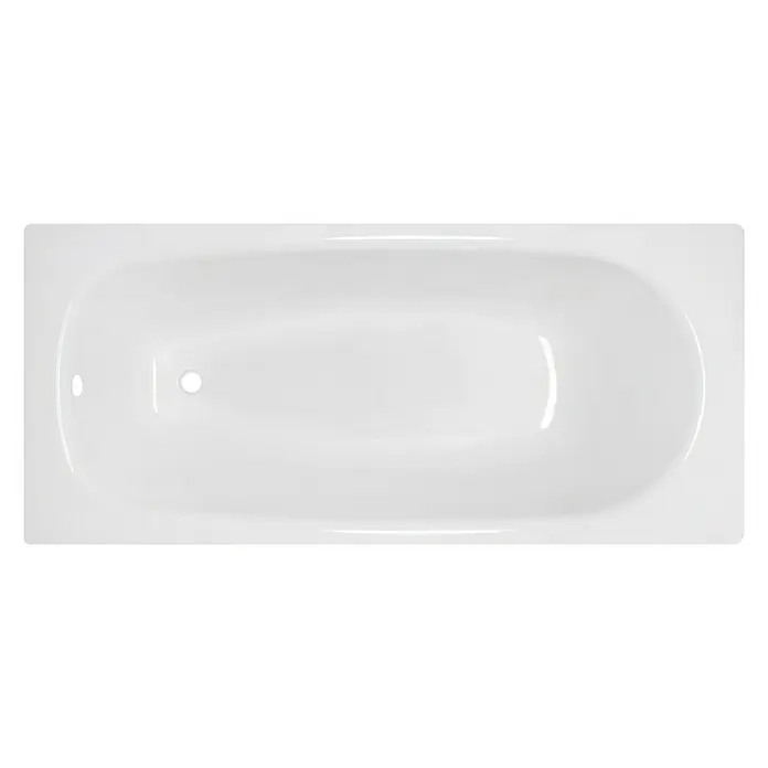 Sanicomfort Badewanne - 170 x 75 cm, Stahl-Email, Weiß - Ansicht von oben auf eine rechteckige, strahlend weiße Badewanne mit ovalem Innenraum und zwei Abflusslöchern auf schwarzem Hintergrund.