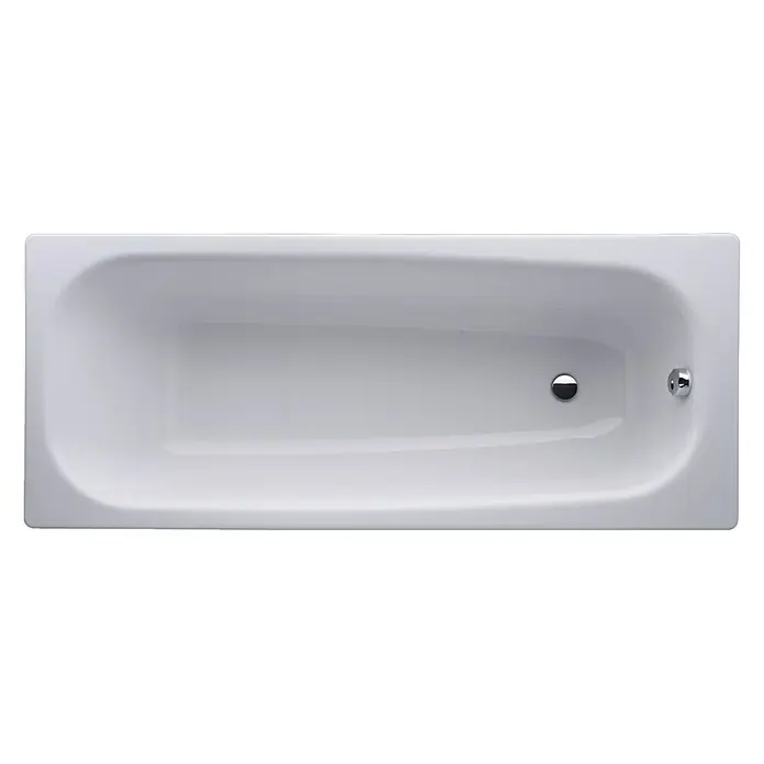 Sanicomfort Badewanne140 x 70 cm, Stahl-Email, Weiß - Eine rechteckige Badewanne in Weiß, mit einem glänzenden Abfluss und einem Überlaufventil. Ideal für entspannende Bäder.