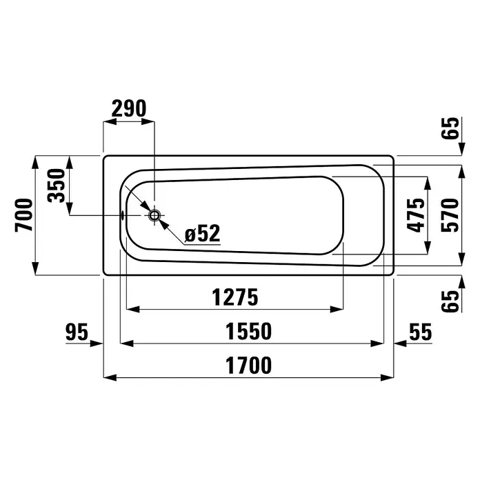 Sanicomfort Badewanne - 170 x 70 cm, Stahl-Email, Weiß - Abbildung einer Badewanne mit detaillierten Maßangaben, die die Länge, Breite und Tiefe des Produkts zeigen.\n