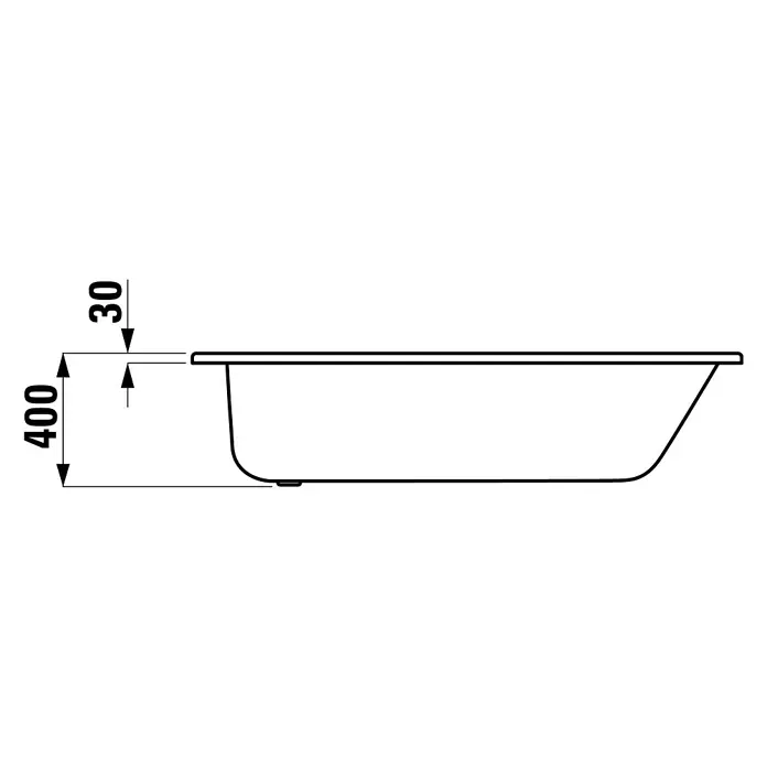 Sanicomfort Badewanne - 170 x 70 cm, Stahl-Email, Weiß - Seitenansicht einer Badewanne mit den Maßen 400 x 30 mm, dargestellt in einer technischen Zeichnung.