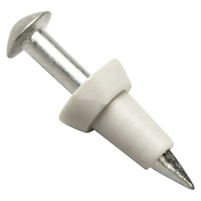 Voltomat Stegleitungsnägel - Länge Nagel: 18 mm, 100 Stk. - Nahaufnahme eines Drahtstifts mit einem weißen Kunststoffteil, der sich gut für Befestigungen eignet.