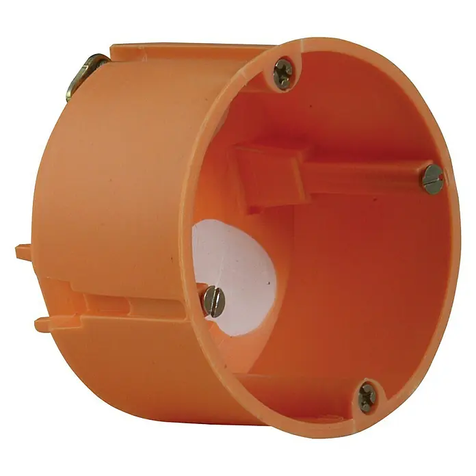 UniTEC Hohlwanddose - 68 x 47 mm, 1-fach, Orange, 1 Stk. - Eine orangefarbene runde Unterputzdose aus Kunststoff, die zur Elektroinstallation verwendet wird. Mit Befestigungsschrauben und einer Aussparung.