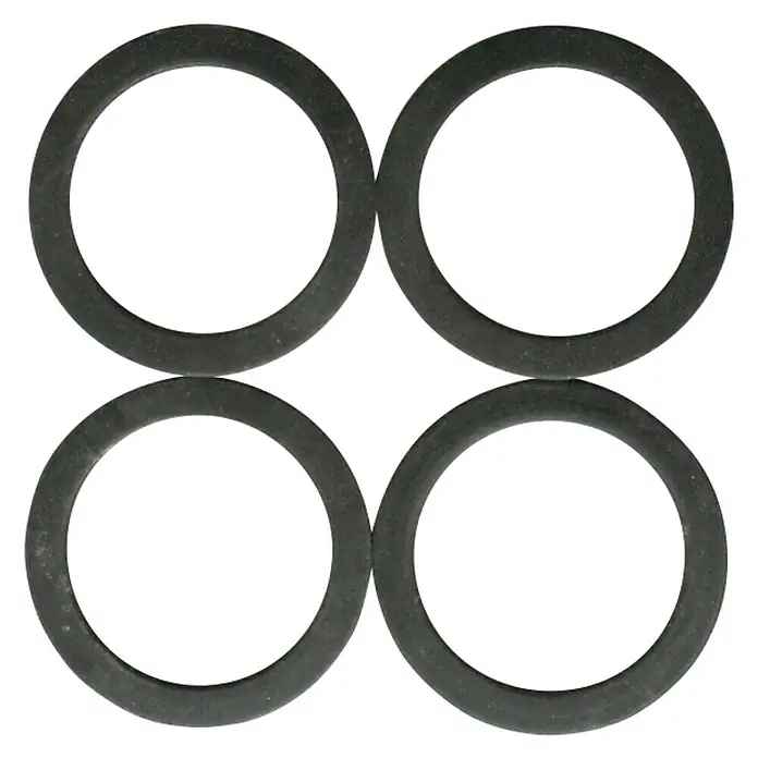 Gummidichtung - 1¼″, 4 Stk., EPDM - Nahaufnahme von vier schwarzen Gummidichtungsringen, die in einem Quadrat angeordnet sind. Ideal für Sanitär- und Dichtungsanwendungen.