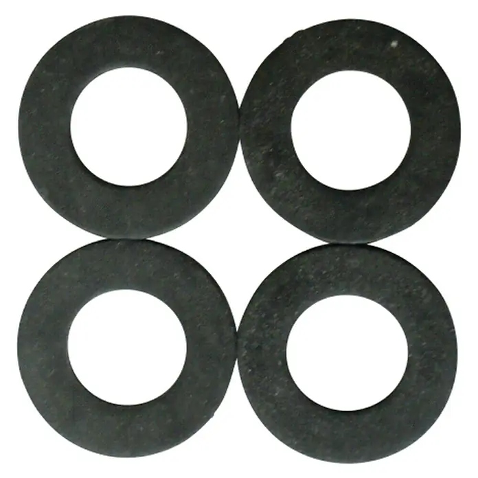 Gummidichtung - ¾″, 4 Stk., EPDM - Nahaufnahme von vier schwarzen Gummidichtungen, die in einem Quadrat angeordnet sind. Ideal für Sanitär- oder Maschinenbauanwendungen.