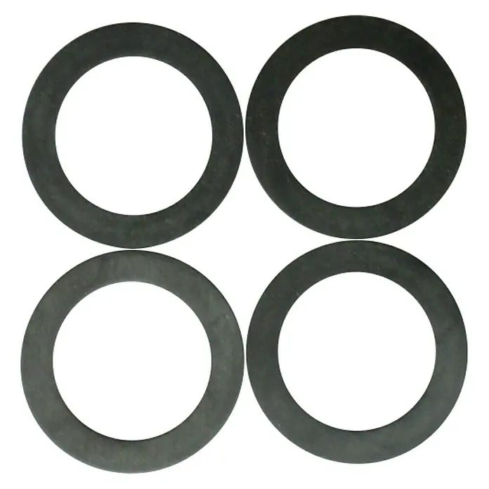 Gummidichtung - 1″, 4 Stk., EPDM - Nahaufnahme von vier schwarzen Gummidichtungen, die in einem Quadrat angeordnet sind. Ideal zur Abdichtung in Sanitär- und Heizungsbereichen.