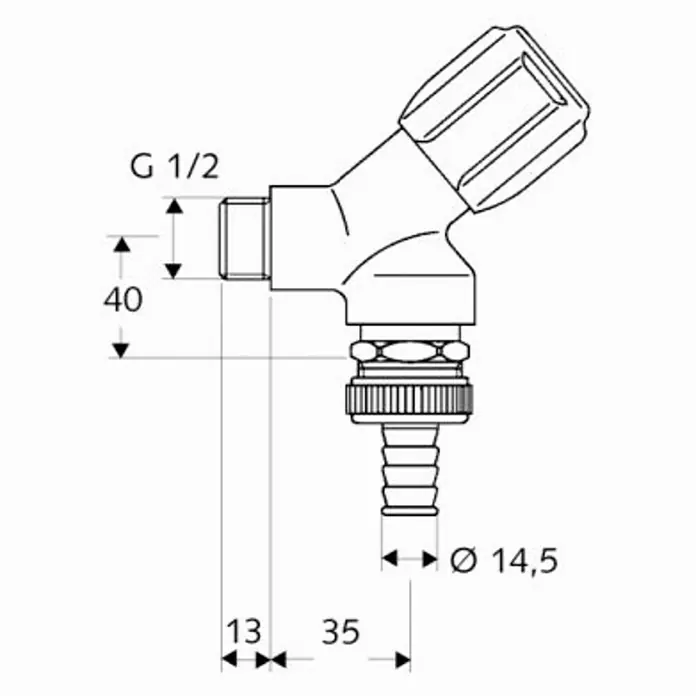 Schell Geräteanschlussventil Comfort - ½″/¾″, Verchromt - Technische Zeichnung eines Eckventils mit Bemaßungen, ideal für Installationen.