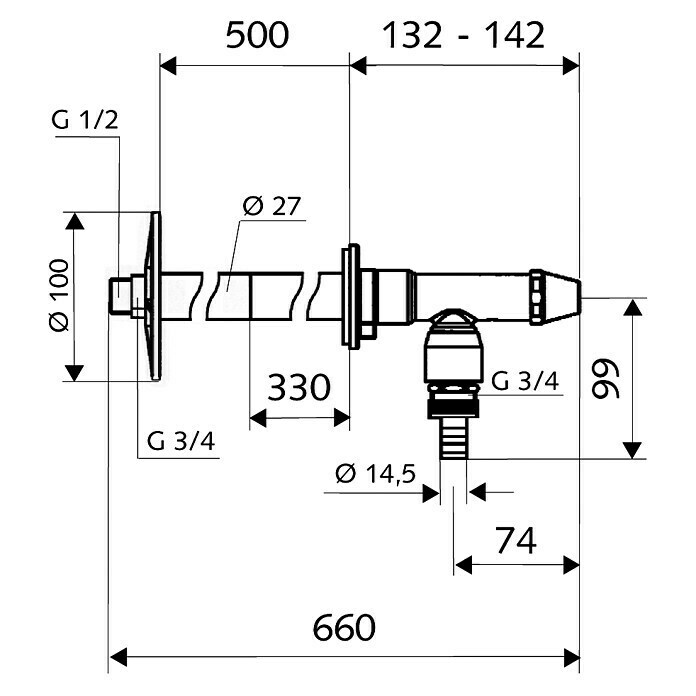 Schell Außenwandventil Polar II Set¾″ x ½″, Rückflussverhinderer Sketch