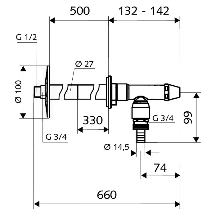 Schell Außenwandventil Polar II Set - ¾″ x ½″, Rückflussverhinderer, Verwendung während der Rohbauphase - Abbildung eines Wasserhahns mit Maßangaben für Sanitärinstallationen und Reparaturen mit Gewinde G 1/2 und G 3/4.